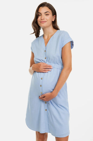 Λινό φόρεμα εγκυμοσύνης και θηλασμού σε ανοιχτό μπλε -  - soonMAMA - Η σωστή προσθήκη στην κομψή και άνετη εγκυμοσύνη! - Παλτά για έγκυες