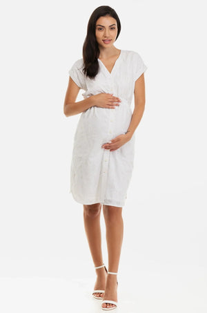 Βαμβακερό φόρεμα εγκυμοσύνης και θηλασμού σε λευκό -  - soonMAMA - Η σωστή προσθήκη στην κομψή και άνετη εγκυμοσύνη! - Παλτά για έγκυες