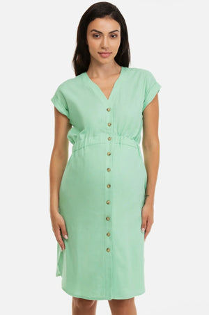 Λινό φόρεμα εγκυμοσύνης και θηλασμού σε ανοιχτό πράσινο -  - soonMAMA - Η σωστή προσθήκη στην κομψή και άνετη εγκυμοσύνη! - Παλτά για έγκυες